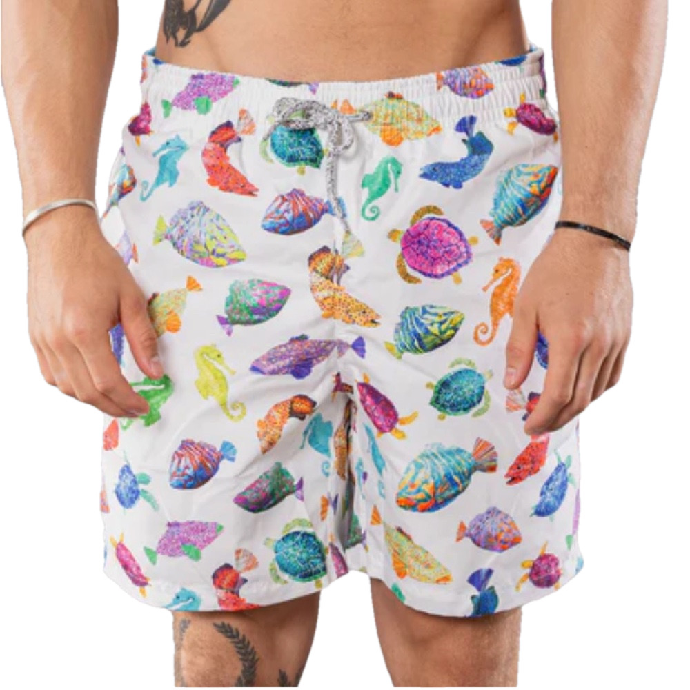 Men's Mesh Liner Swim Trunks - Fish Chart White Size M